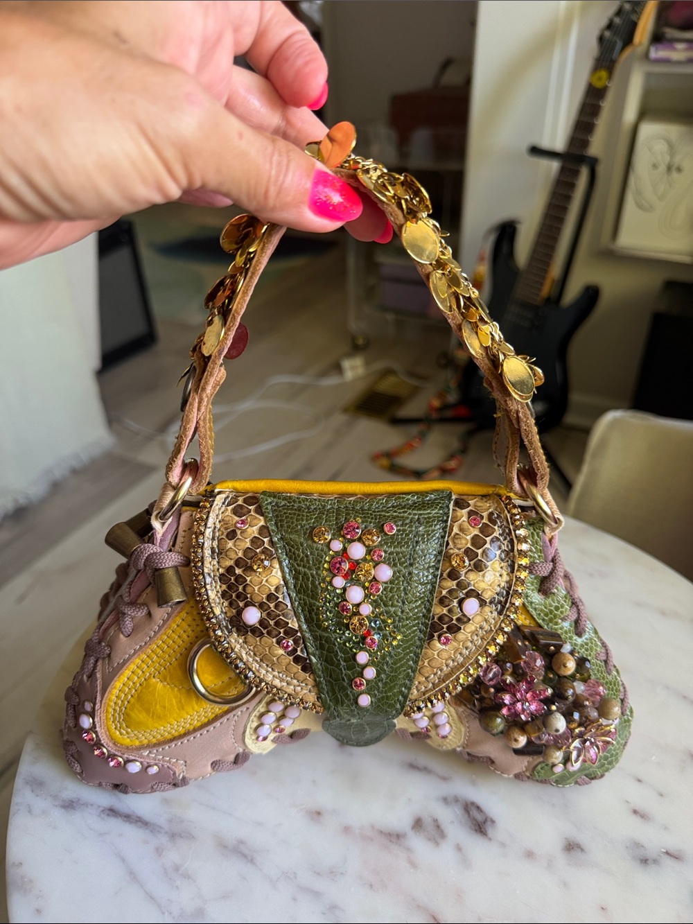 Beaded Mini Shoulder Bag in Green, Yellow and Pink